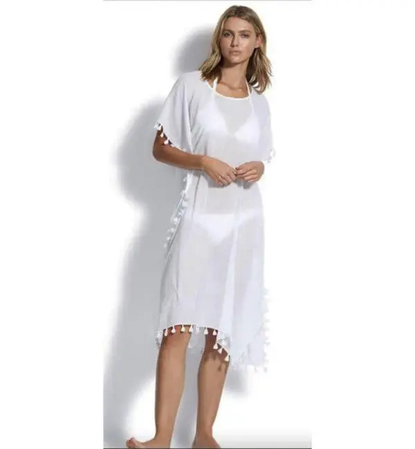Women's Seafolly Cotton Midi Amnesia Kaftan - Modest Islamic Fashion, Chic Beach Casual Wear with Tassels, Elegant, Loose, Dry In Shade, 53638-Ka, Relaxed Feel, Machine Washable, Side Splits, Playful Tassel Trim