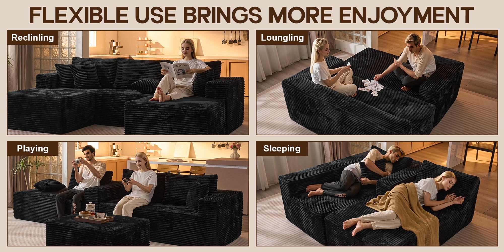 108" Boneless Couch Cloud Modular Sectional Sofa, Morden Couch With Removable Ottomans & Chaise, Plush Corduroy&Deep Seat Premium High-Density Foam Couches,  No Assembly Needed for Living Room