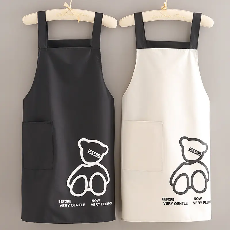 Adult Adjustable Bear-Print Waterproof Oil-Resistant Cloth Apron with Strap, Large Pocket, 32cm*27cm*1cm, Neat Wiring, Household Kitchen Cleaning Workwear Home Accessory, With Pocket, Large Pockets