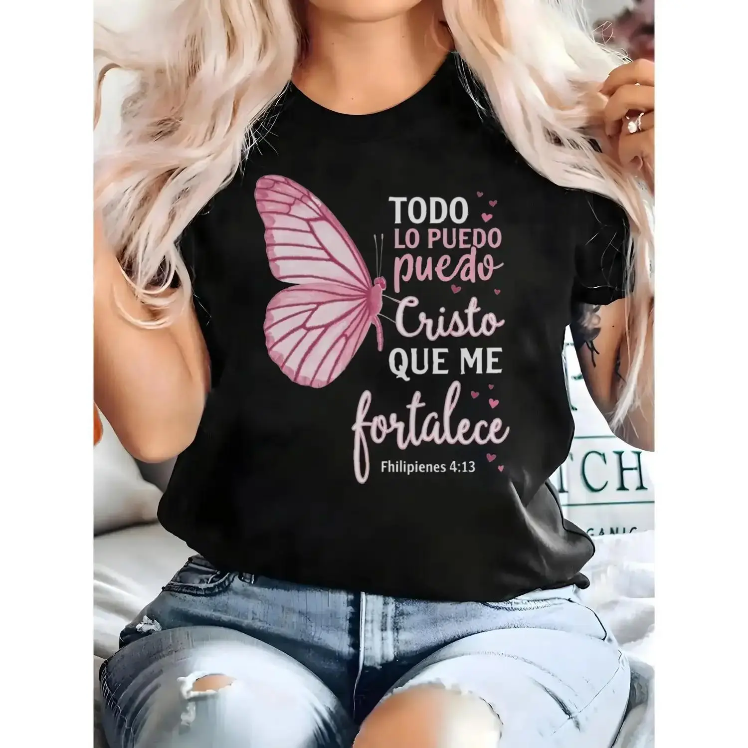 Christian Philippians 4:13 T-Shirt – Spanish Bible Verse Cotton Tee with Butterfly Design