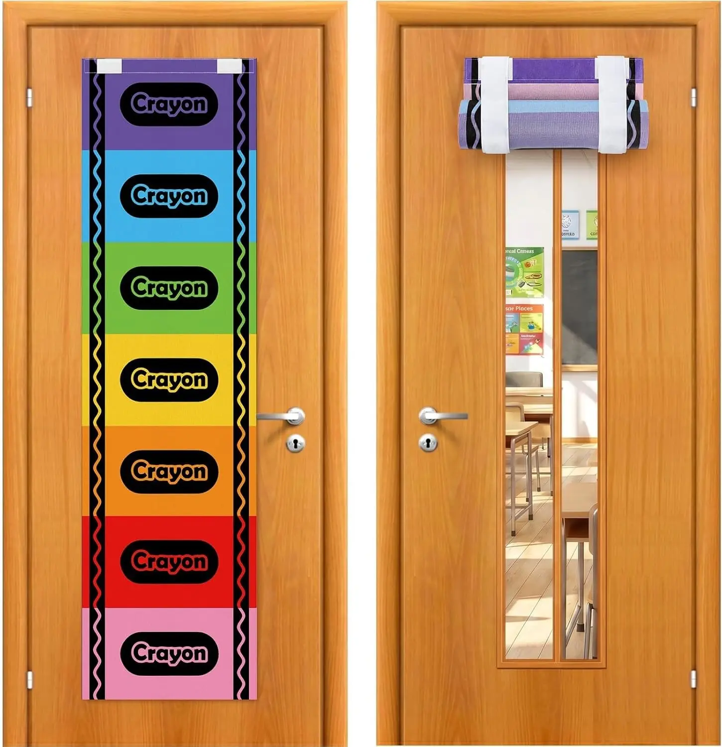 2 Pcs Back to School Crayon Classroom Door Window Cover Colorful Crayon Door Curtains Hanging Print Lockdown Shades for Kindergarten Daycare Primary School Teachers Office Decor