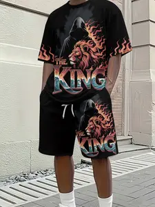 Men's 3D Digital Print Two-Piece Set, Flame Lion King 'The KING' Printed Short-Sleeve Set, Trendy Casual Two-Piece, Beach Vacation Style Fashion Outfit, Lightweight and Breathable Sporty-Casual Style, Perfect Gift for Men on Festivals