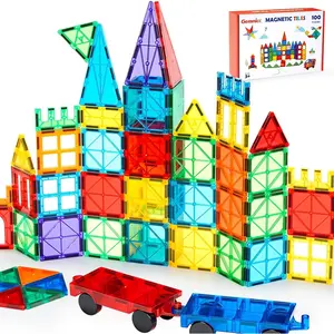 100 PCS Magnetic Tiles with 2 Cars, STEM Approved Educational Magnet Building Toys, Magnet Puzzles Stacking Blocks for Boys Girls
