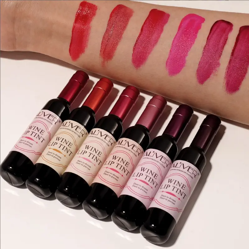 Aliver 6 Colors Wine Lip Tint, Wine Lipstick, Natural Liquid Lipstick Long Lasting Mini Make Up Lip Gloss Matte Lip Sticks Wine Bottle  0.24 Ounce (Pack of 6)
