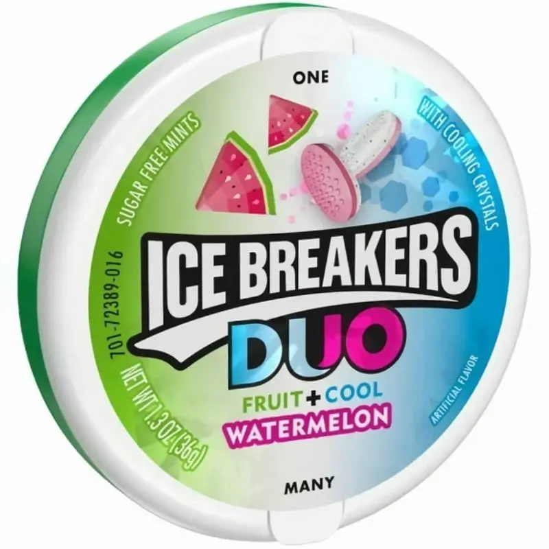 2-Pack Ice Breakers Tin Duo Fruit+Watermelon Breath Mints, Refreshing Snack Candies, 1.3oz Sweet Treat