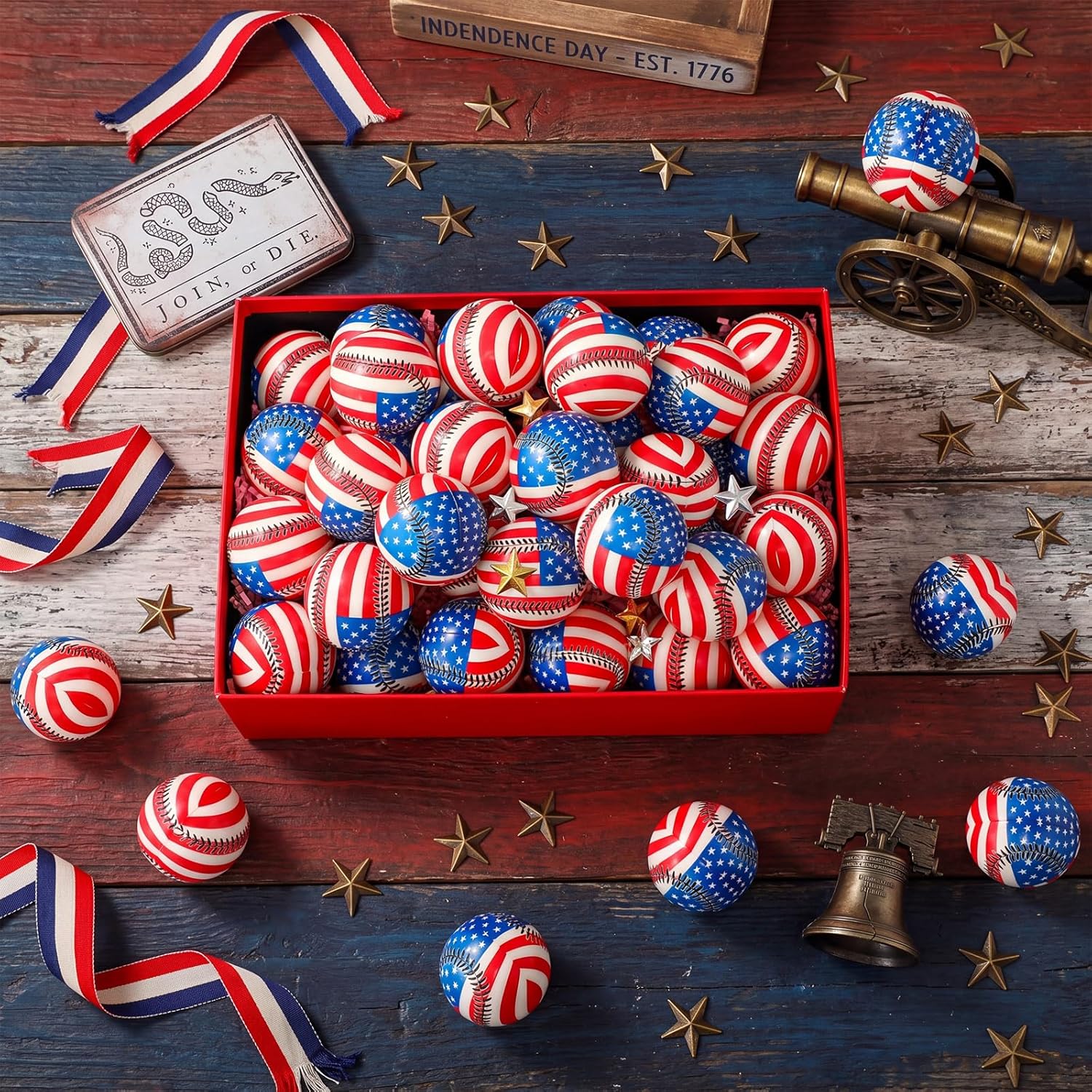 24 Pcs Unisex 4th of July Mini Patriotic Design Baseball Stress Balls - Red White Blue American Flag Foam Relief Toys, Sports Relief for 3-4 Years