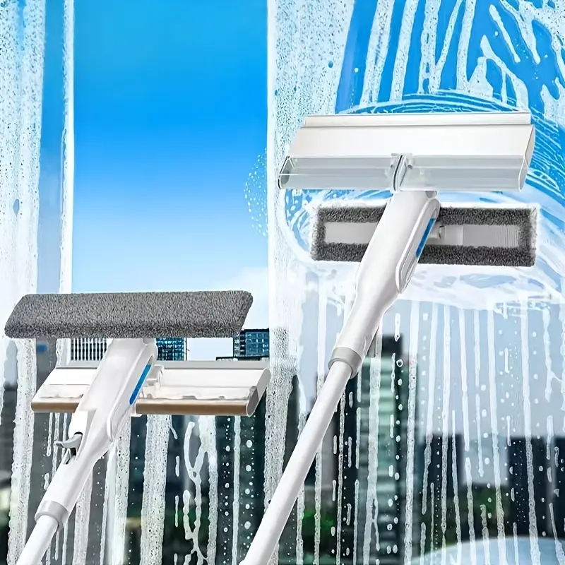 Professional Window Washer and Squeegee for Household, 2 in 1 Silicon Squeegee with Microfiber Cleaning Cotton Cloth & Rainwater Collection Box, Easy to Assemble