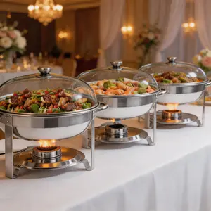 GARVEE 6-Piece Stainless Steel Round Chafing Dish Buffet Set with Glass Lids, Food & Water Pans, and Fuel Holders for Professional Catering, Weddings, and Parties