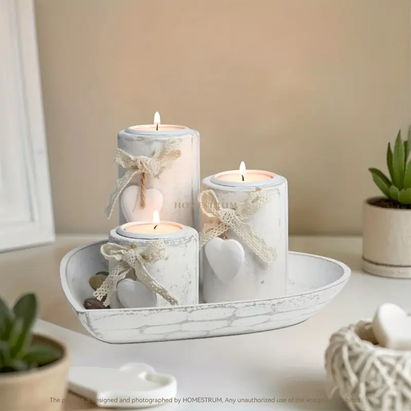 4-piece white wooden candlestick combination, tea lamp candlestick set, Tea Light Candles Holder, Candlestick holders, hemp rope bow decoration and decorative stone, heart-shaped tray, jewelry tray, home decoration, decoration items, Christmas gift