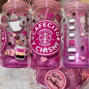 Cafecito y chisme, pink ombré glass can Coffee Drinkware Lid Portable Bottle Water Bottles