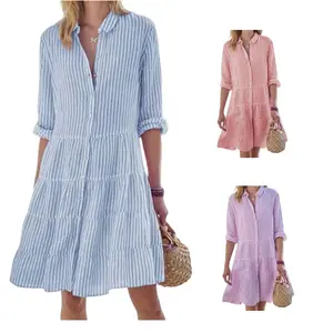 Women Striped Shirt Dress Roll Up Sleeve Button Down Long Sleeve Casual Loose Dresses High Waist A Line Swing Dress