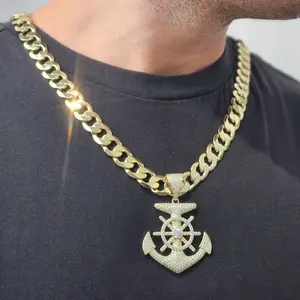 ViOrO 14K Gold Plated 12mm Cuban Link Chain with Zircon Anchor Pendant for Dairy Use. Electro Laminated Premium Jewelry