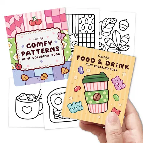 Coco Wyo Mini Coloring Book Set of 2 (3 x 3.5 in) – Food & Drink, Comfy Patterns - Smooth Paper, Artwork Pages, Adult Creativity, Quiet Time Office Stationery Supplies, Easy-Carry Gifts