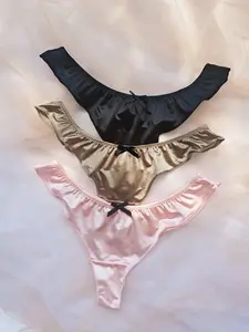 3 Pack Seamless Satin Thong with Ruffle Edges, Sexy Comfortable Breathable Women's Underwear for All Seasons, Fitted Elastic Panties, Seamless Panties Set, Ruched Underwear, Breathable Seamless Panty