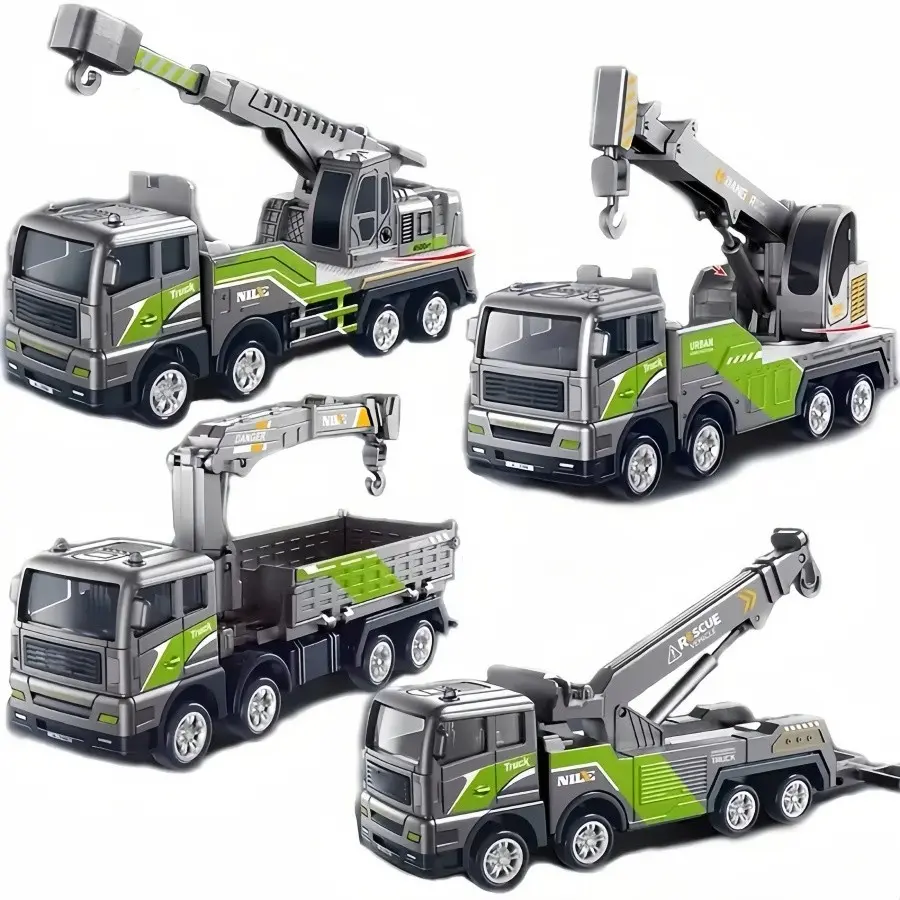 Large Realistic Alloy Inertial Crane Trailer Rescue Truck Toy Model, Multi-Functional Lifting, Inertial Dump Truck, Battery-Free, Perfect Birthday Party Gift