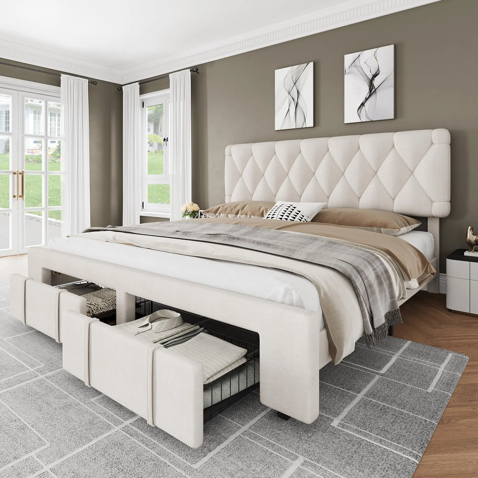 GARVEE King Size Upholstered Platform Frame, Storage Organization Bed with Drawers, Mattress Support Foundation with Solid Wood Slats, No Box Spring Needed, Beige
