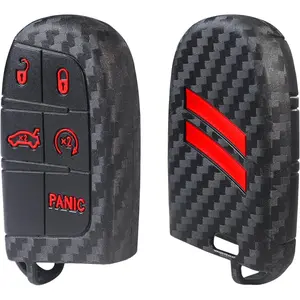 YOSRTER 1 PC Silicone Key Fob Cover Fit for Dodge Charger Challenger Durango Journey Dart Key Shell Protector 5 Buttons Keyless for Dodge Accessories(Carbon Fiber red Trim)