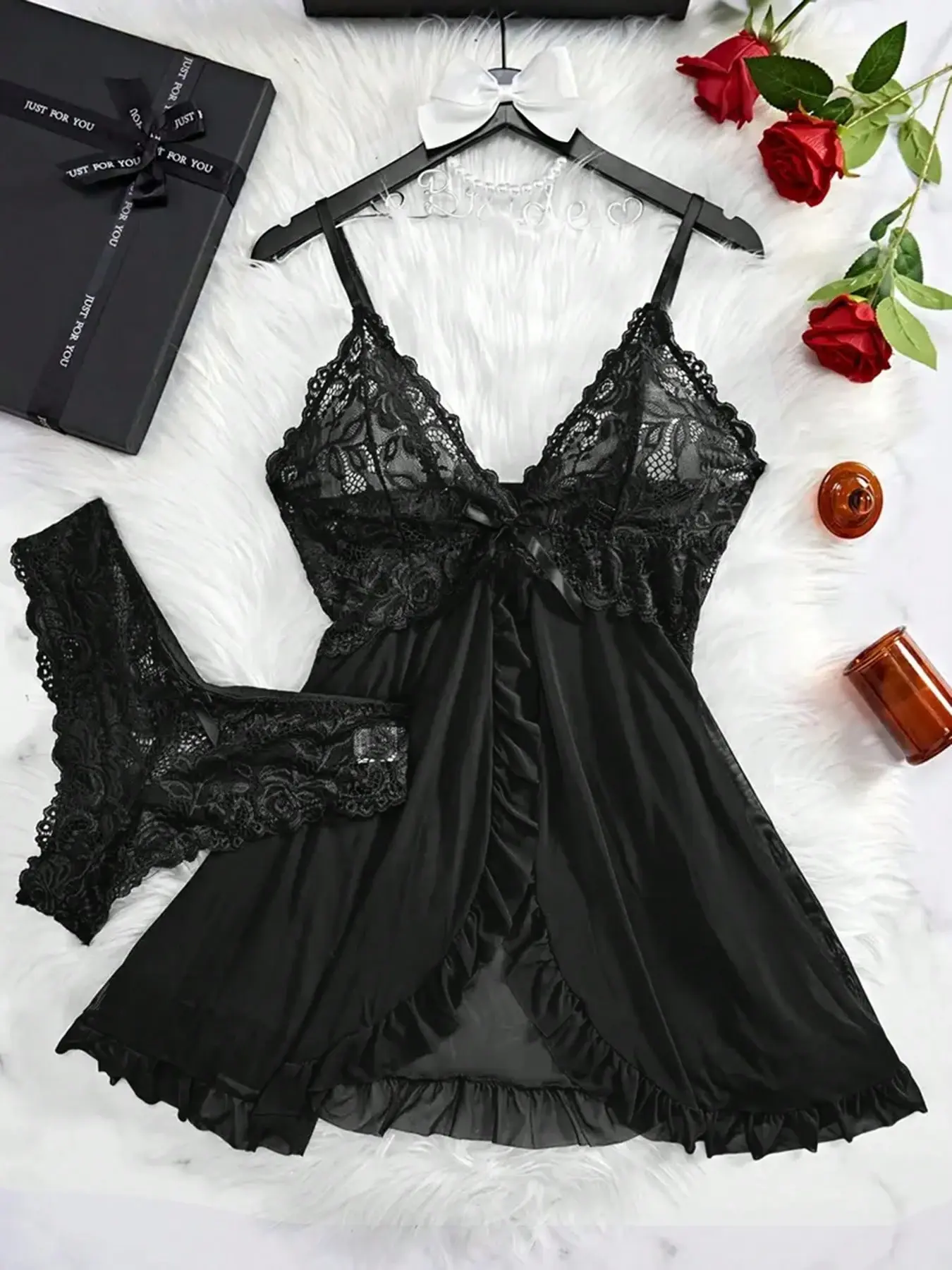 Women's Feminine Floral Lace Babydoll - Sheer Mesh Maternity Loungewear Nightwear Set, Spaghetti Straps, Fitted Sleeveless Elastic Lace Design, Matching Thong, Pregnancy-Comfortable Underwear, Style