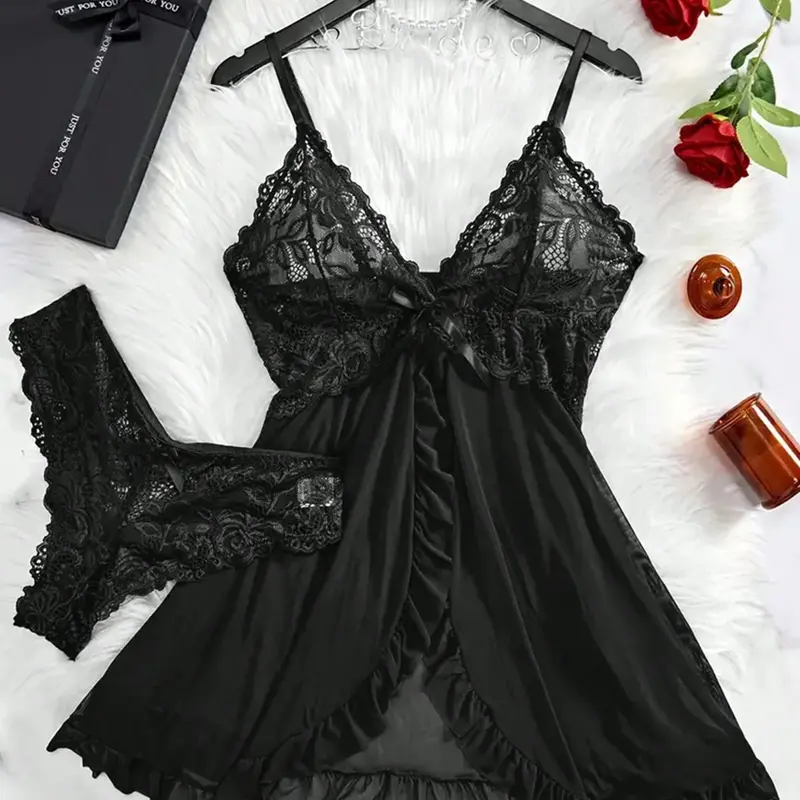 Women's Sexy Chic Floral Lace Babydoll Lingerie Set - Sheer Mesh Elastane Fabric, Spaghetti Straps, Fitted Sleeveless Elastic Design, Matching Thong-Set Match, Pregnancy-Comfortable Maternity Nightwear Loungewear, All Seasons