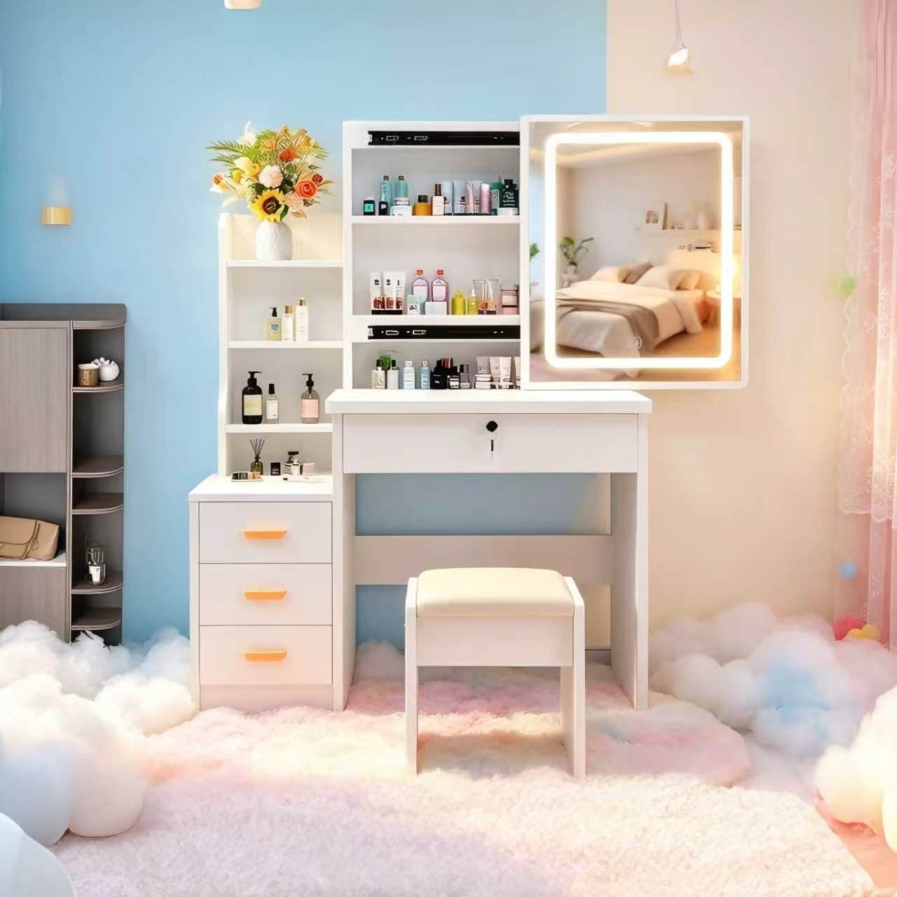 Modern White Vanity Desk with Mirror and Lights 3 Lighting Modes European Style Dressing Table with 4 Drawers & Shelf Makeup Vanity Table for Bedroom Gifts for Girls and Women