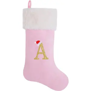20-Inch Letter Embroidered Christmas Stocking Thick and Luxurious Pink Velvet with Super Soft Plush Cuff Personalized Festival Decoration for Xmas and New Year(Letter A)