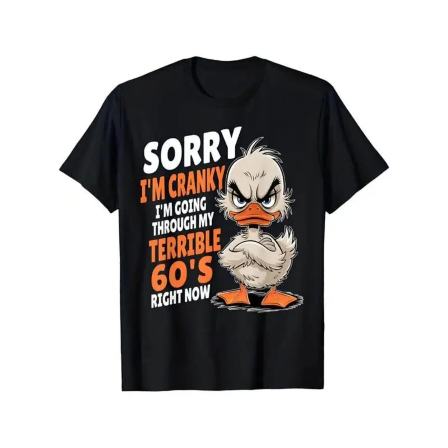 Women's Retro Graphic Short-Sleeve Round-Neck T-Shirt - Humorous Grumpy Duck Design, "Sorry I'm Cranky" Slogan, Soft Cotton Streetwear Top, Durable, Easy to Wash, Ideal for Casual Parties & Everyday Wear