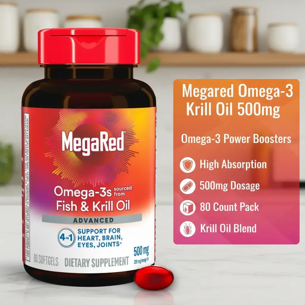 Megared Omega-3 Fish Oil & High Absorption Krill Oil 500mg Softgels MegaRed Advanced 4in1 80 Count Healthcare Fitness Supplement