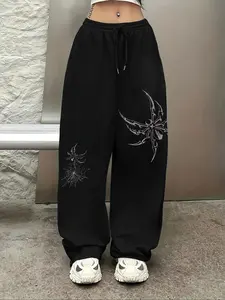 Women's Oversized Black Gothic Spider Graphic Sweatpants, Athleisure Pants, Dark Streetwear Joggers with Web Prints, Cozy Casual Pants for Daily, Street & Subculture Events, Unique Choice for Dark Aesthetic & Y2K Enthusiasts