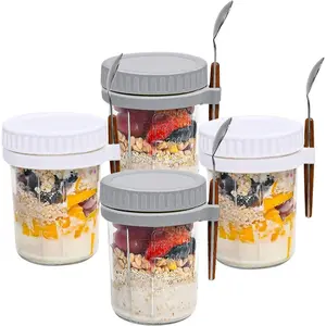 Leakproof Glass Overnight Oats Cup with Hanging Spoon, Portable Breakfast & Yogurt Container, Airtight Seal Jar for Oatmeal Milk Salad