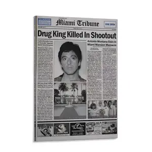 Scarface newspaper-style canvas wall art, classic movie poster print, high-quality solid wood frame, trendy decoration and collectible gift exclusive for Scarface fans, ideal choice for bedroom, living room and game room Toilet Poster
