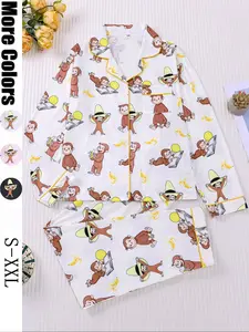 Women's Monkey Banana Print Pajama Set, Comfortable Long Sleeve Button Shirt & Elastic Pants, Casual Home Wear Loungewear for All Seasons