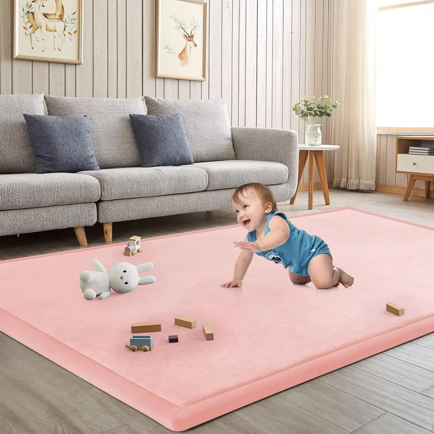 Baby Play Mat  Floor Nursery Rug Muscle Mat Area Rug Playroom Rug 50"x50" Playpen Mat Memory Foam 1.3" Thick Crawling Mat For Babies,Toddlers, Infants, Kids,Light Pink