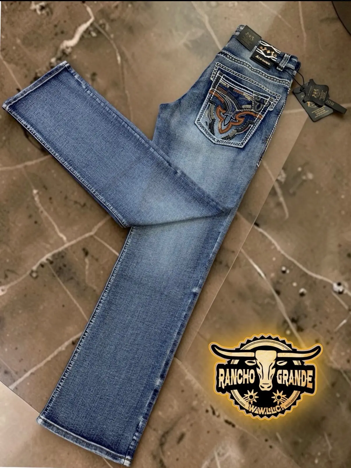 ACE - 1455 M. Blue Mens Western cowboy Jeans Straight Fit Boot Cut / Pantalon Vaquero para Hombre corte para Bota