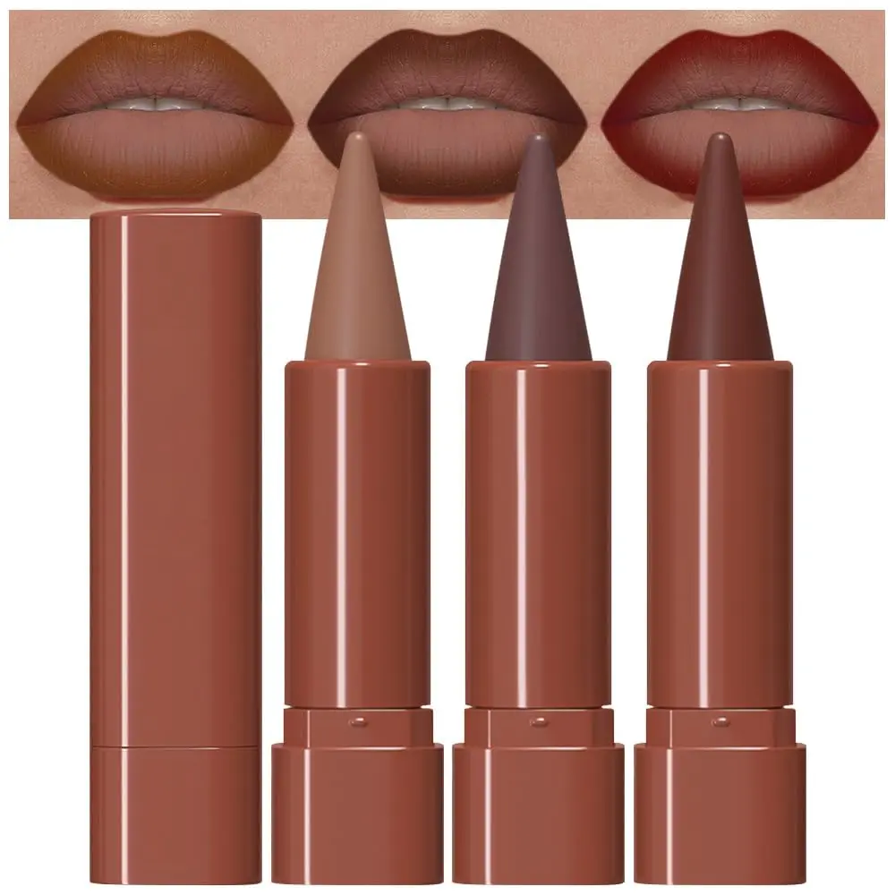 Lip Makeup Set 3Pcs Warm Brown Maroon Dark Wine Red Gradient Matte Lipstick Lip Liner Crayon Combo Pencil Set for Women Long Lasting, Cream Lip Liner and Lipstick Combo Makeup，Flawless Gradual Ombre Effect