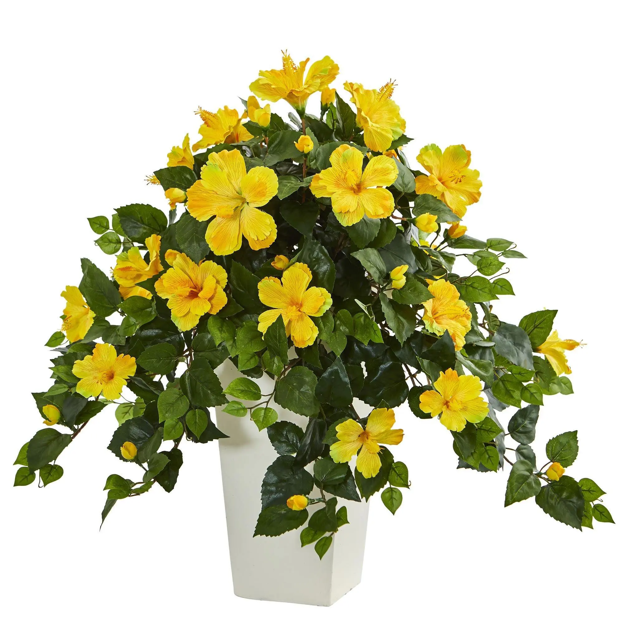 Artificial Hibiscus in White Tower Planter - Decorative Artificial Plant Decor for Indoor Room Home Supplies Accent Plants