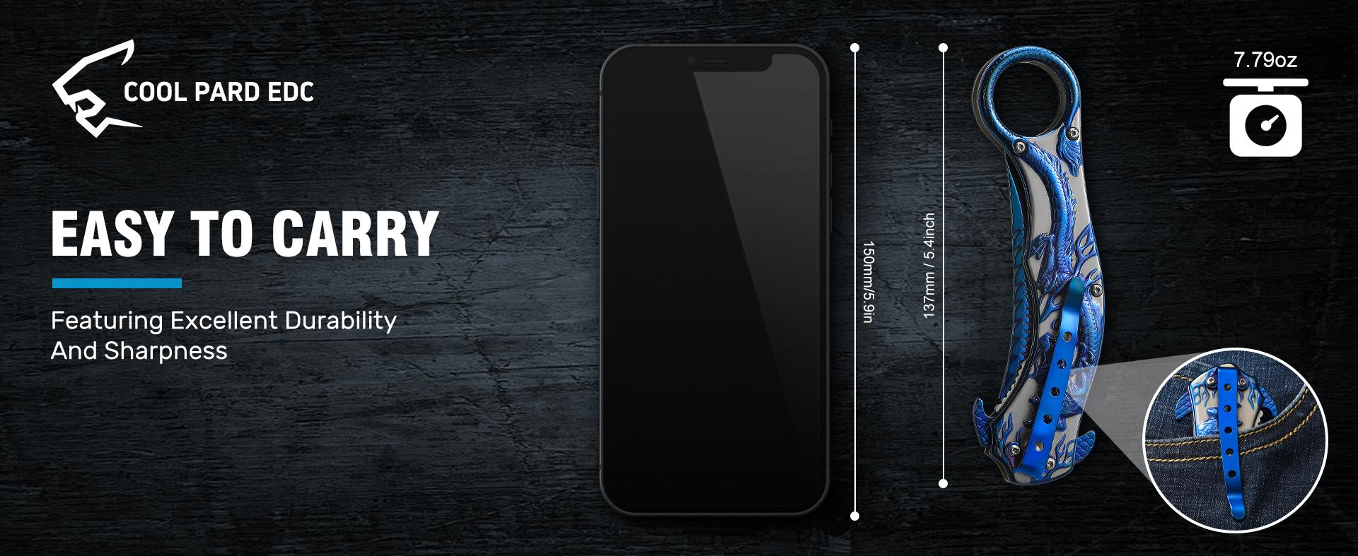 Pocket Knife,3.5" Cool Folding Knife with 3D Dragon Retro Embossed Pattern,EDC Knife with Pocket Clip and Liner Lock,Knife Gifts For Men Women,Sharp Camping Survival Hiking Knives (Blue)