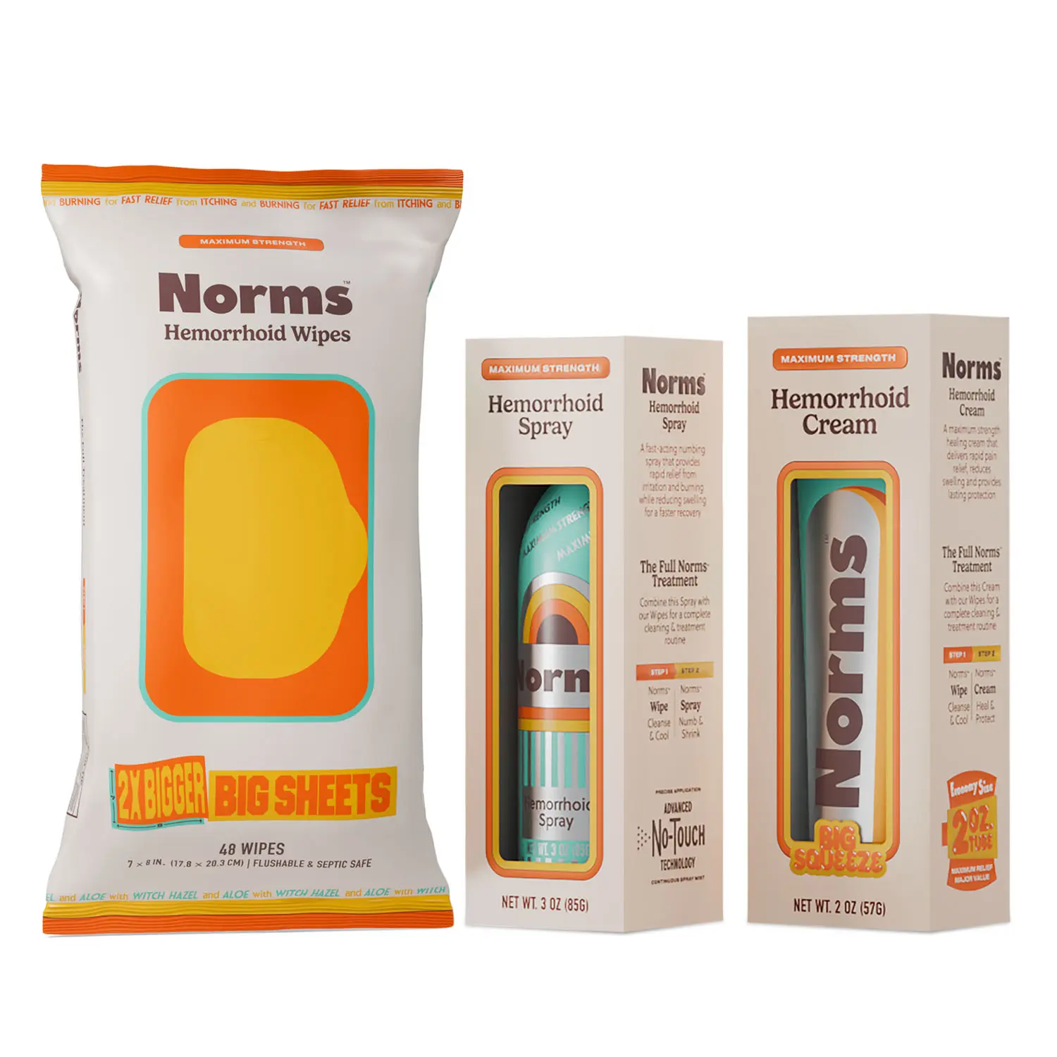 Norms Full Hemorrhoid Bundle: Hemorrhoid Wipes, Touch-Free Spray, and Cream - Complete Hemorrhoid Care System