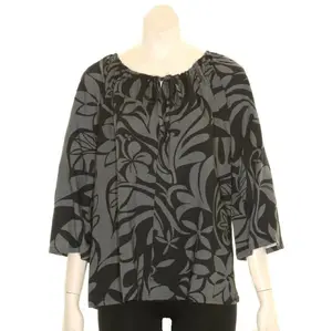 Hilo Hattie "Tiare Swirl" 3/4 Sleeve Peasant Top, Charcoal
