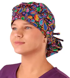 Stylish Banded Bouffant Ponytail Scrub Cap - Bright Flower Paisley