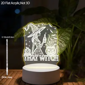 2D Acrylic LED Night Light, Halloween Witch Theme, USB Powered, Bedside Desk Decor, Bat Pumpkin Stars, Warm Reading Gift