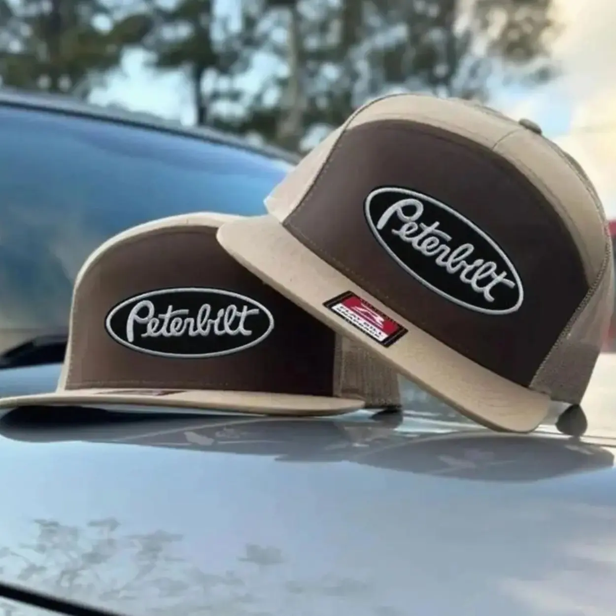Peterbilt 7 Panel Trucker Hat – Old School Embroidered Snapback, Black White Khaki Brown Mesh Back Cap and Adjustable Fit for Men and Women