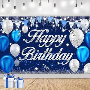 Happy Birthday Banner Blue Silver Glitter Party Decorations for Men Women Kids Large Welcome Sign Photo Background Backdrop Supplies Polyester High-Quality Festive Backdrop