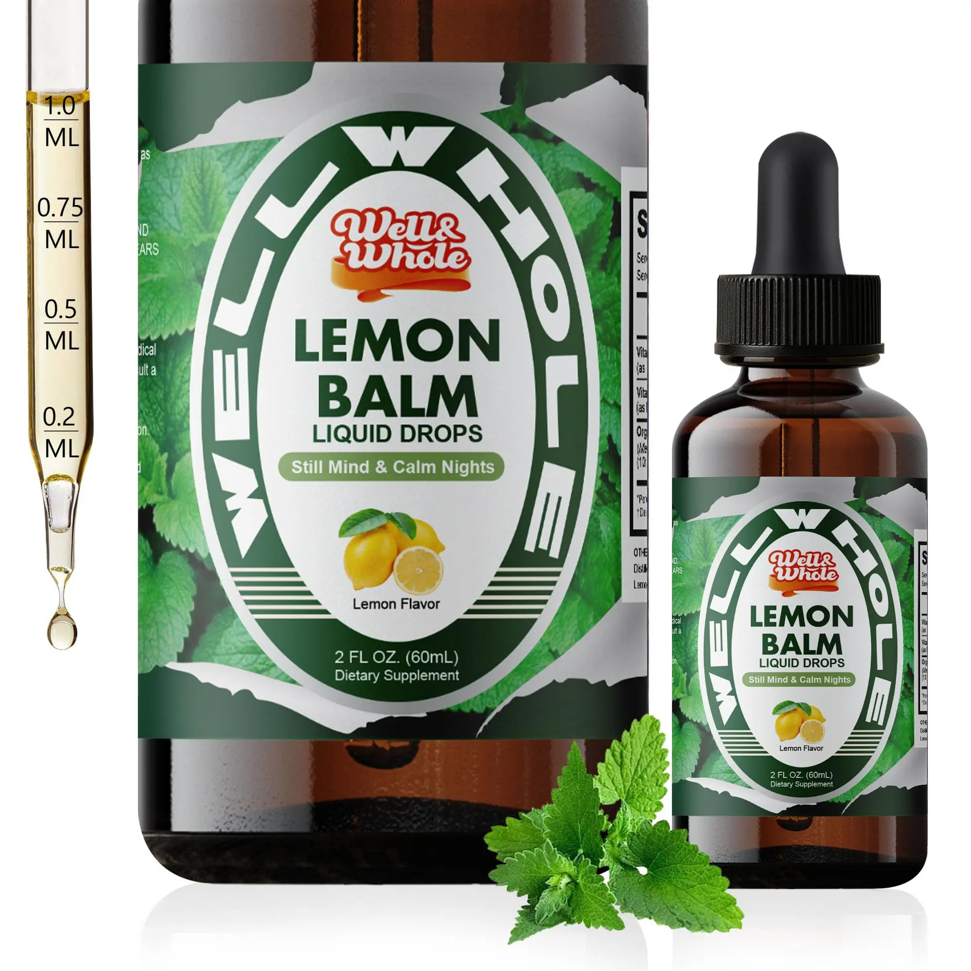 Well&Whole Clean Lemon Balm Botanical Extract Tincture for Adults, 500mg 60mL Alcohol-Free Gluten-Free Family-Friendly Vitamin Liquid, Gentle Support After Meals, Day/Night Balance