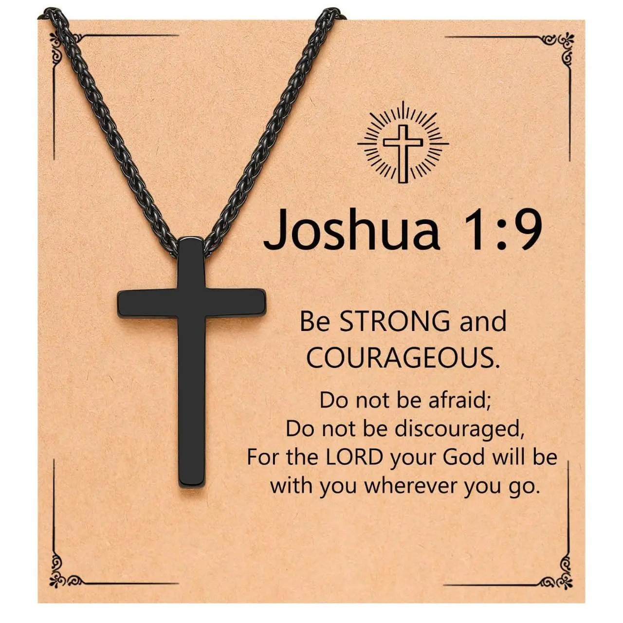 Black Cross Necklace for Men Boys, 18 Inch Joshua 1:9 Stainless Steel Chain Necklace