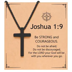 Black Cross Necklace for Men Boys, 18 Inch Joshua 1:9 Stainless Steel Chain Necklace