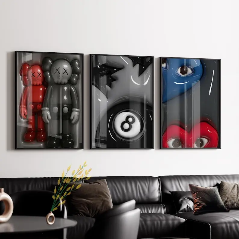 Hyebeast Set Of 3 Room Decor, Hypebast kaws Poster, Cool Wall Art Set, 3D Wall Art, HypeBeast Wall Art, Trendy Wall Art - Unframed