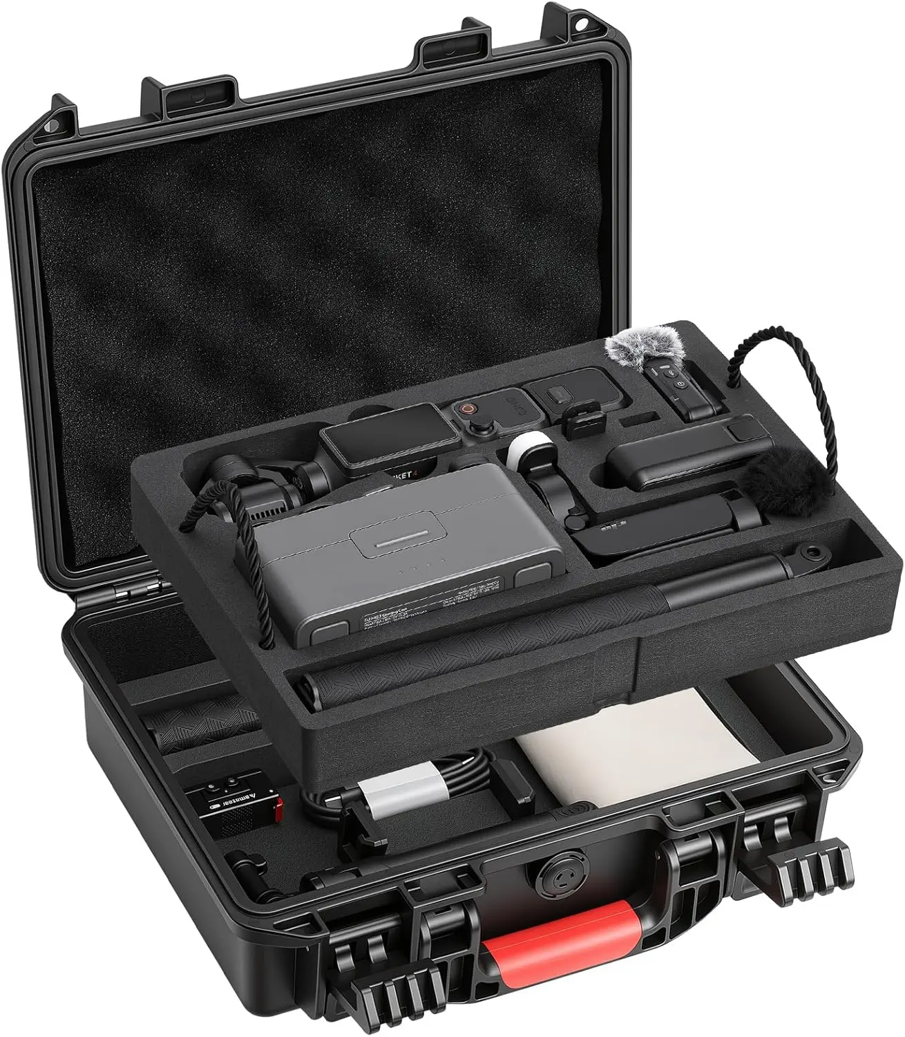 AMAZEAR Compact Double-Layer Waterproof Hard Case with LED Light, Mini Tripod, Charging Handle for DJI OSMO Pocket 4, Black Layered Travel Storage & Organization Accessory for Creator Combo