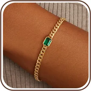 Birthstone Gold Bracelets for Women Non Tarnish Trendy 14k Gold Plated Bracelet Dainty Charm Emerald Bracelets Stack Cuban Link Friendship Bracelets Jewelry Gifts for Birthday/Valentine's Day