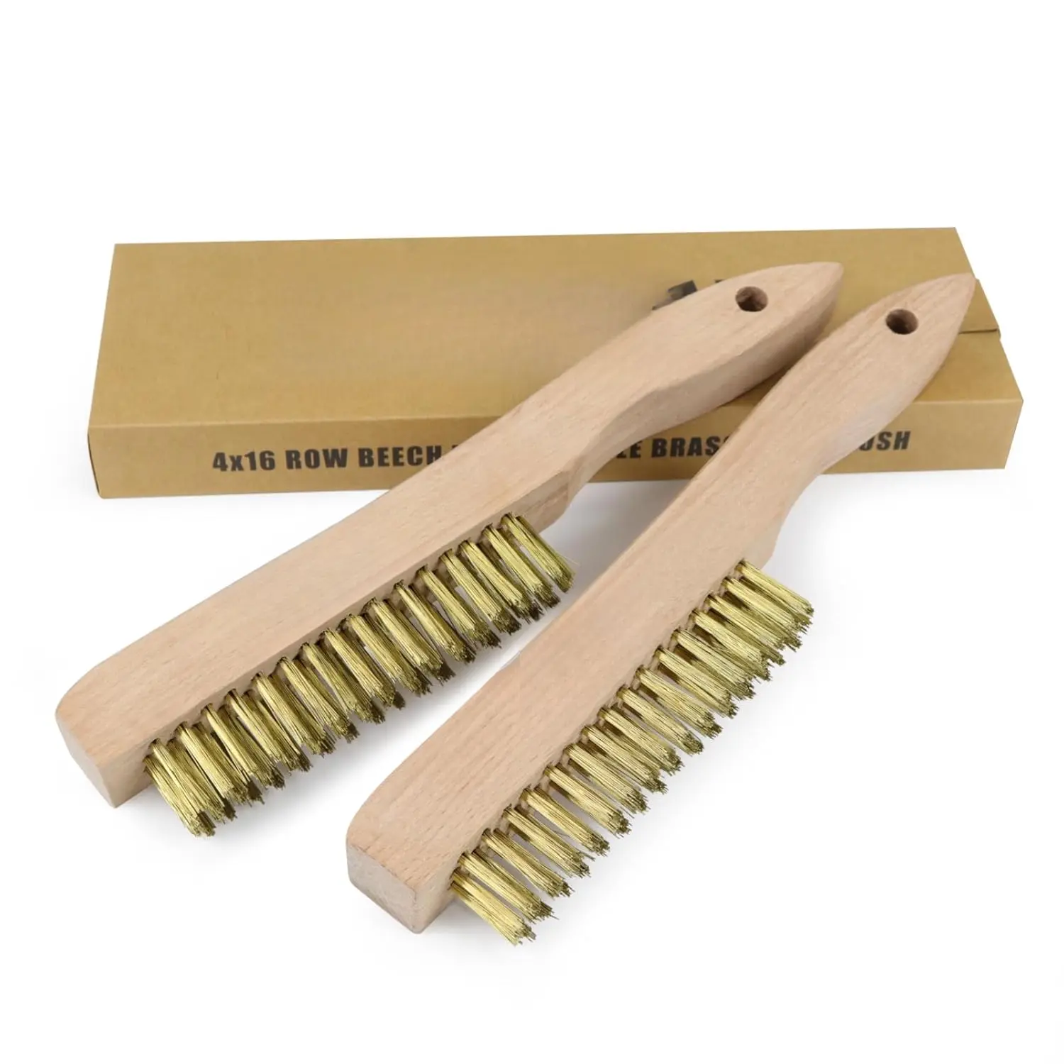 Brass Brush, Heavy Duty Brass Wire Brush Set 2 count, Metal Brush, Wire Brushes for Cleaning Rust with 10" Curved Beechwood Handle