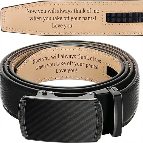 Men's Engraved Ratchet Leather Waist Belt - Band-Shaped, Buckle & Strap Accents, Adjustable Automatic Buckle, 28-34 Waist Adjustable, Customizable Fashion Accessory, Ideal Gift for Boyfriend (Christmas, Anniversaries), Band-Shaped Men's Belts
